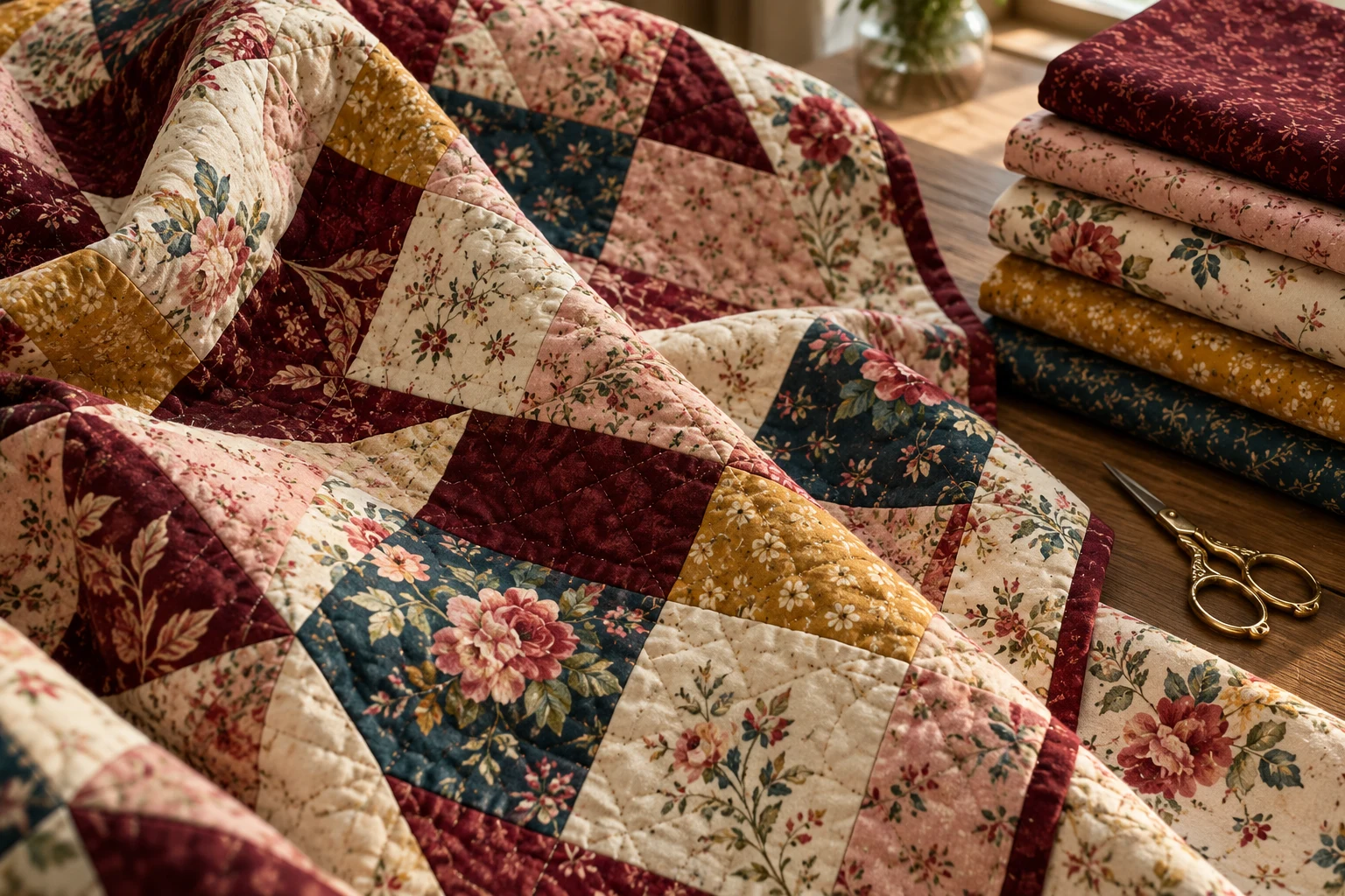 Inspiración de patchwork con telas florales y retales de colores